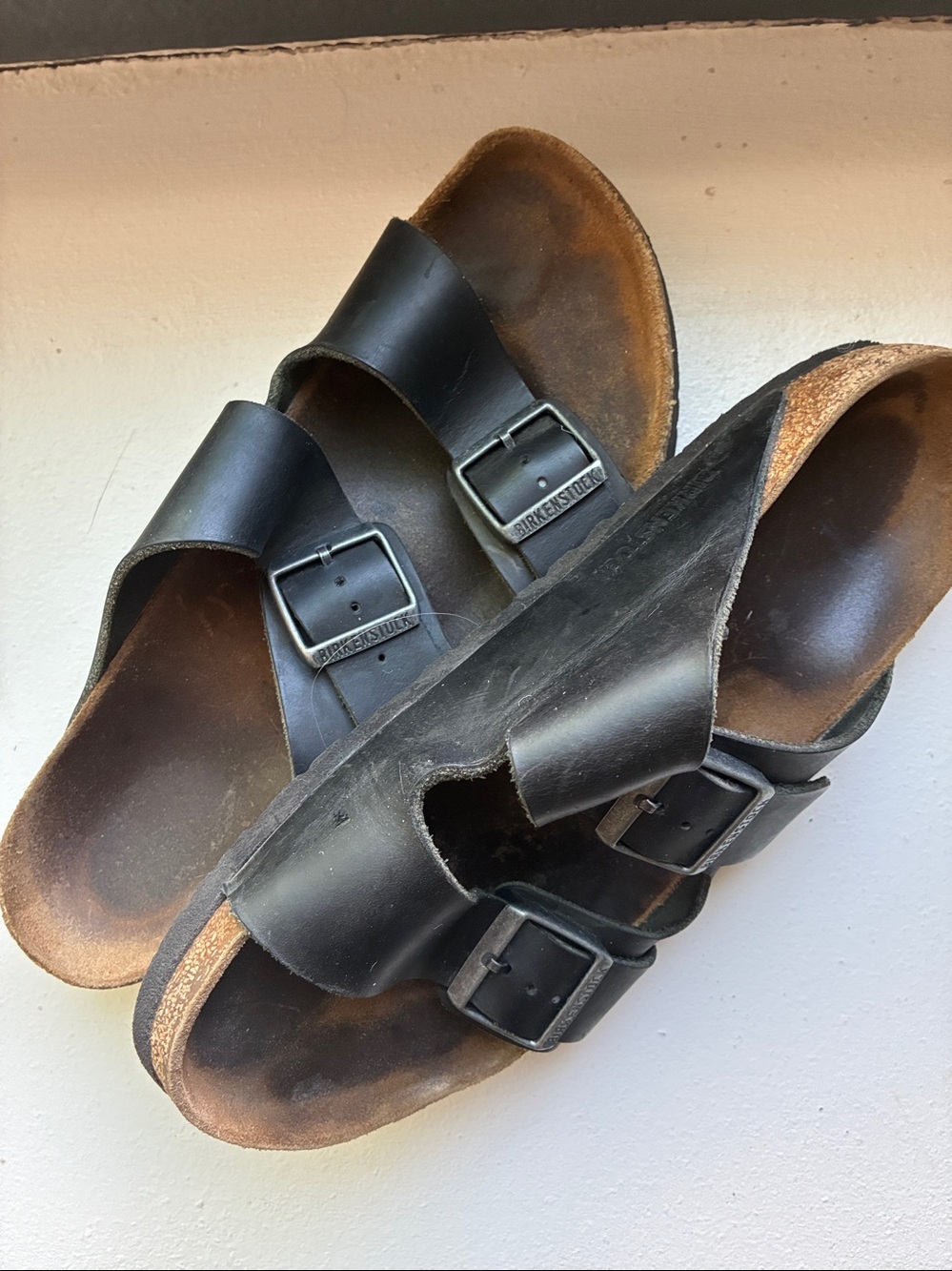 Birkenstock Arizona  Black Leather Double-Buckle Slide Sandals